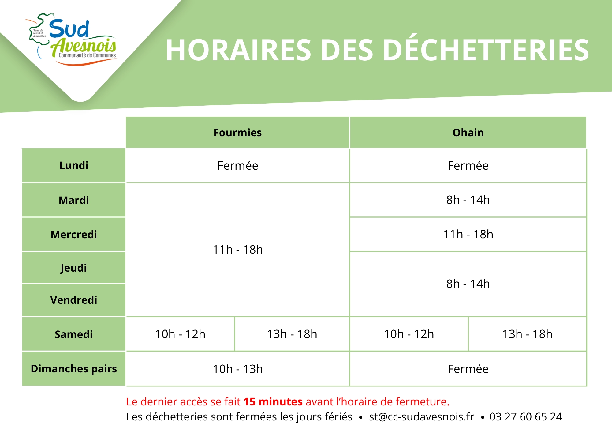 Horaires déchetterie Fourmies : Lundi fermé, Mardi 11h-18h, Mercredi 11h-18h, Jeudi 11h-18h, Vendredi 11h-18h, Samedi 10h-12h et 13h-18h, Dimanches pairs 10h-13h. Horaires déchetterie Ohain : Lundi fermé, Mardi 8h-14h, Mercredi 11h-18h, Jeudi 8h-14h, Vendredi 8h-14h, Samedi 10h-12h et 13h-18h, Dimanche fermé.